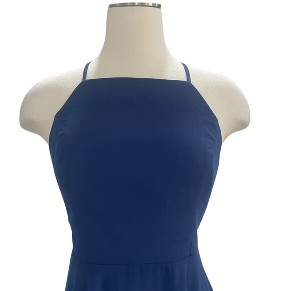 Navy Blue Chiffon Skater Dress Strappy Back Fit And Flare Flowy Cocktail Party - Picture 7 of 8